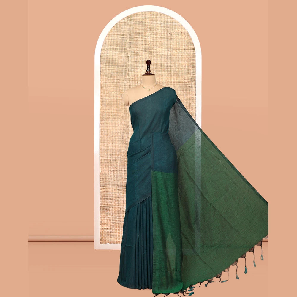 Pothys Borderless Peacock Green Plain Design Khadi Cotton Saree